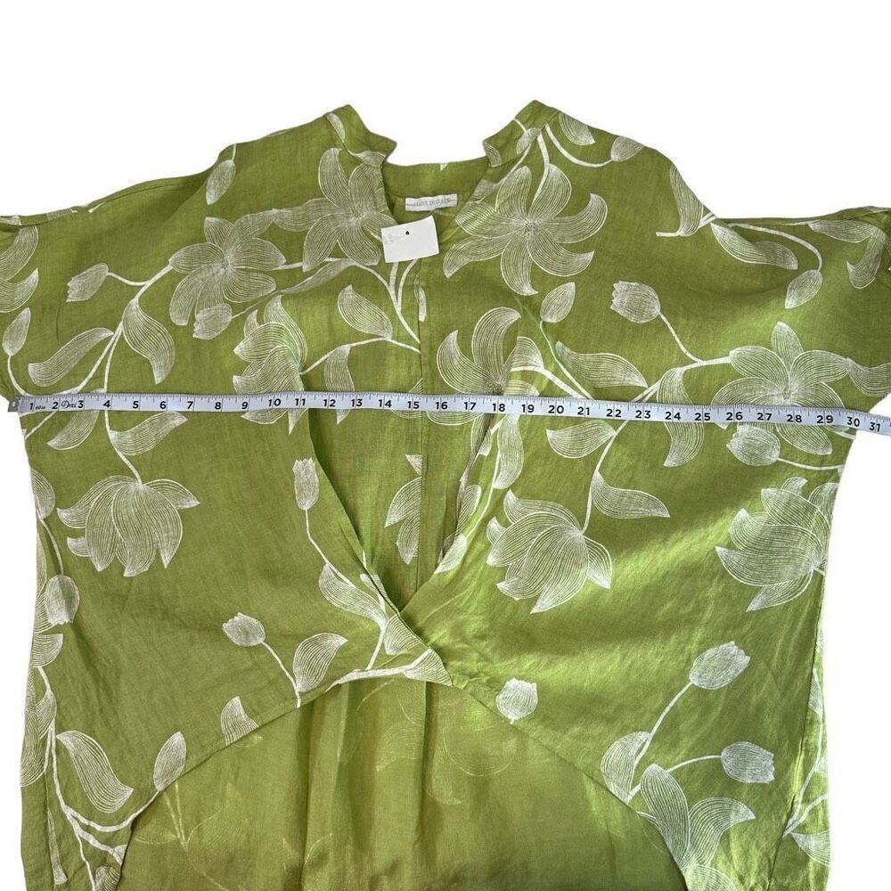 Italian 100% Linen Boho Green Floral Hi-Low Relaxed Fit Tunic Top Women One Size - Picture 6 of 8